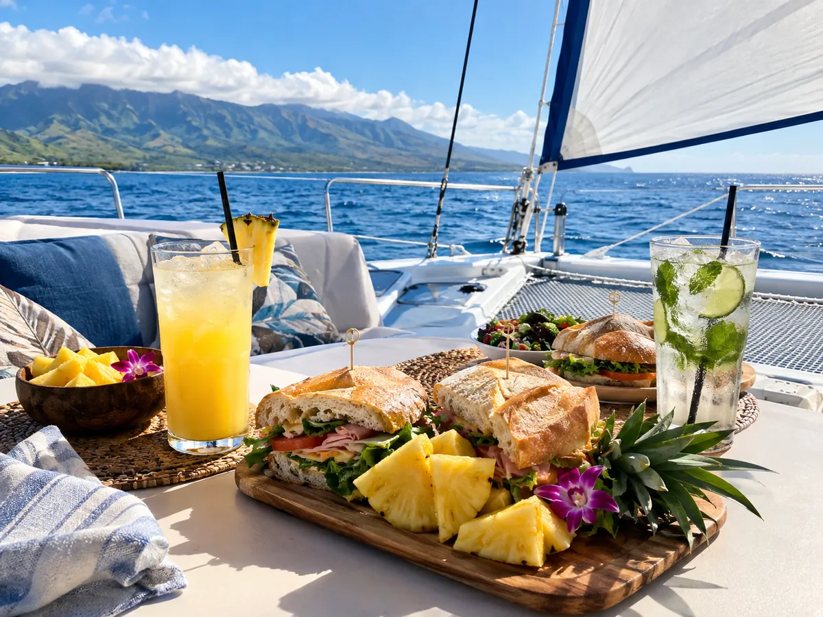 Sandwiches, fresh pineapple and cold drinks on the deck of a sailing catamaran