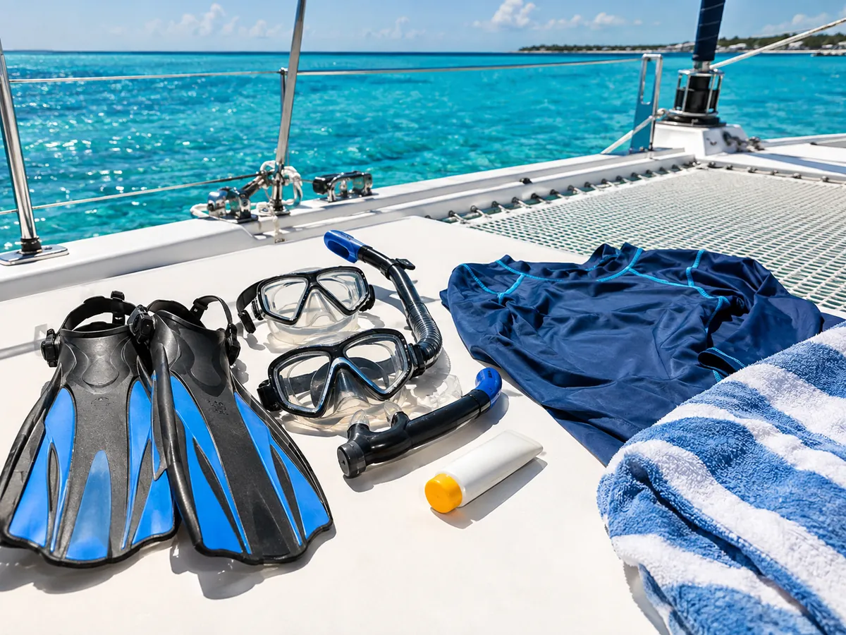 Snorkel masks, fins, mineral sunscreen and a rash guard on a catamaran deck